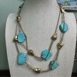 Chico's Bohemian Necklace Howlite Stone Turquoise Slab Chunky Gold Tone 42-45”